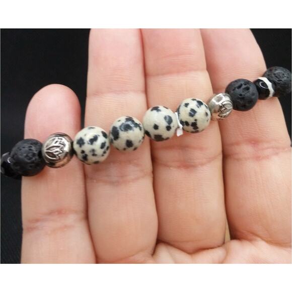 Artisan Dalmatian Jasper Beaded Bracelet Lava Stones Diffuser Tibetan Silver - Picture 8 of 13